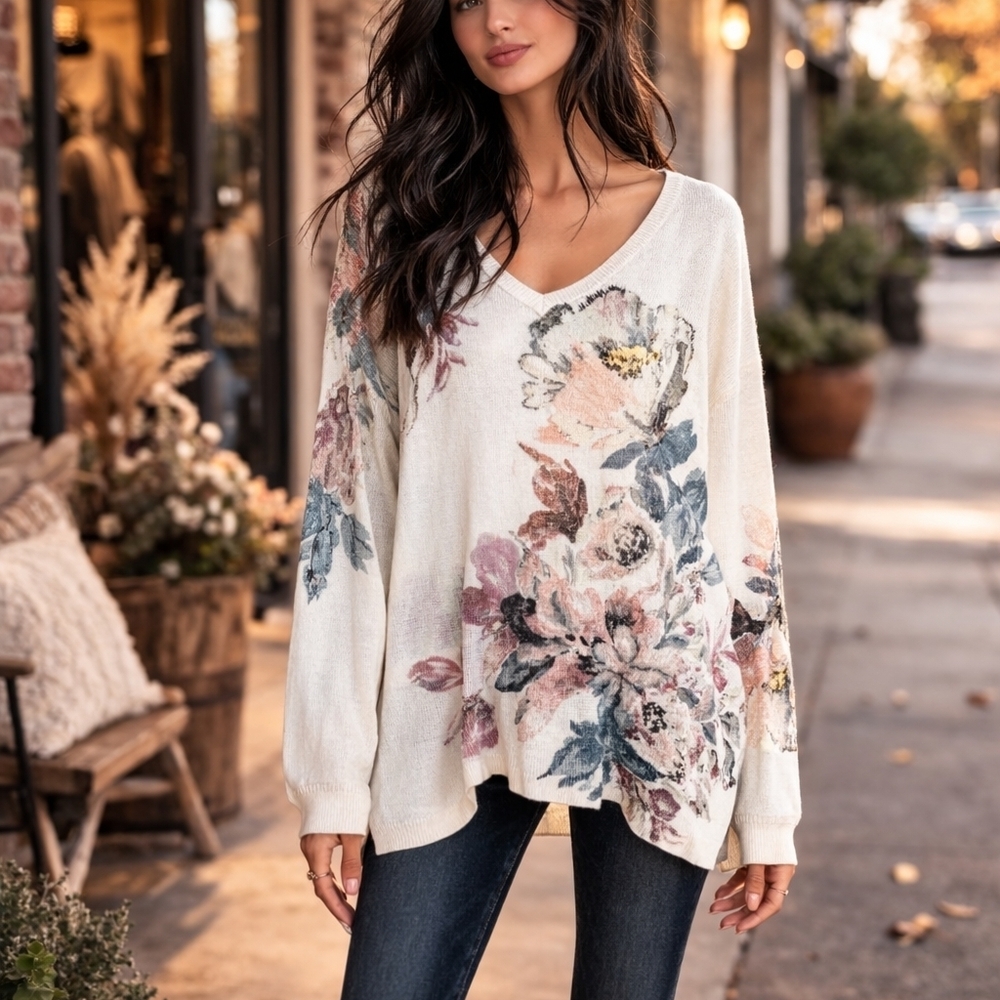 J. Jill Linen Floral Tunic Top Boho Cottagecore V Neck Oversized L - Picture 1 of 6